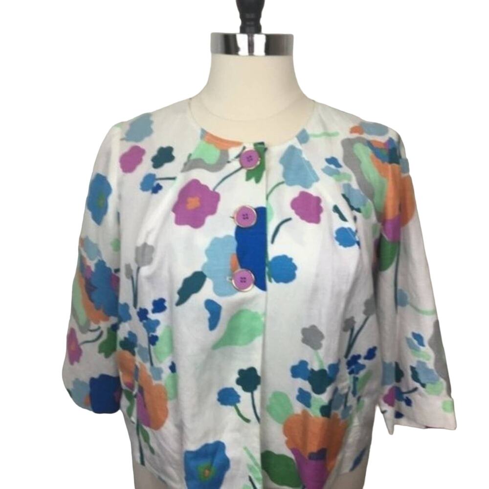 Linen Blend Floral Jacket sz 16 Soft by Avenue Purple Blue Green Retro Chic